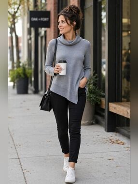 Eileen Fisher Merino Wool Cowl Neck Asymmetrical Sweater Gray S
